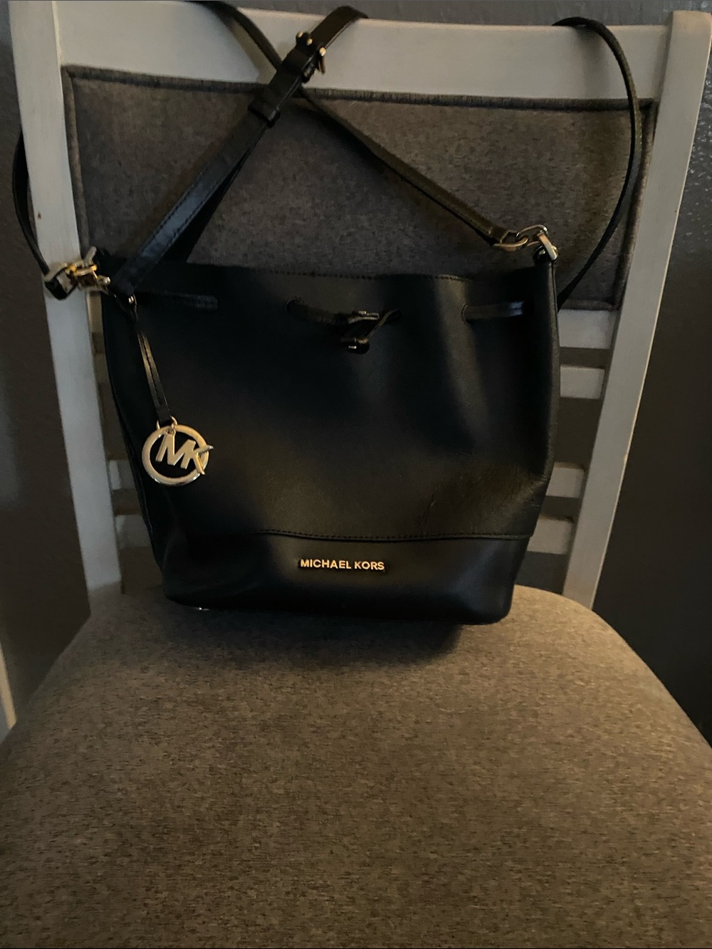 Michael Kors Black Leather Bucket Shoulder Bag with Gold Hardware